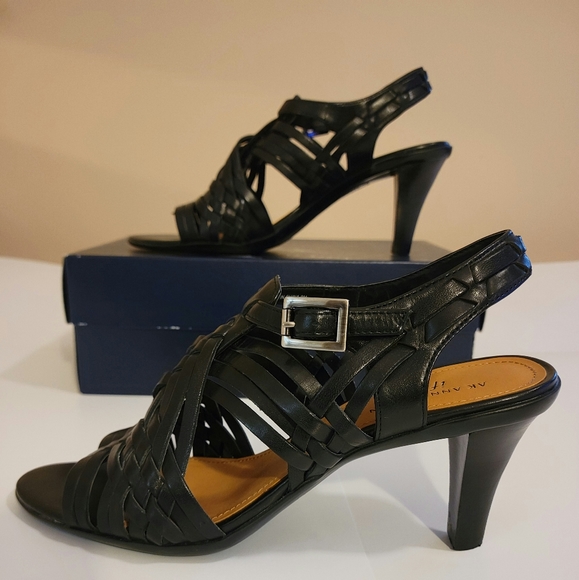 Anne Klein Shoes - Ann Klein Iflex Maalpert black leather woven 3 - inch heel sandal size 9M